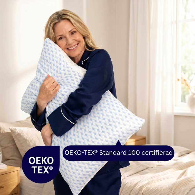 Kvinna som kramar Welcari-kudden, OEKO-TEX STANDARD 100-certifierad